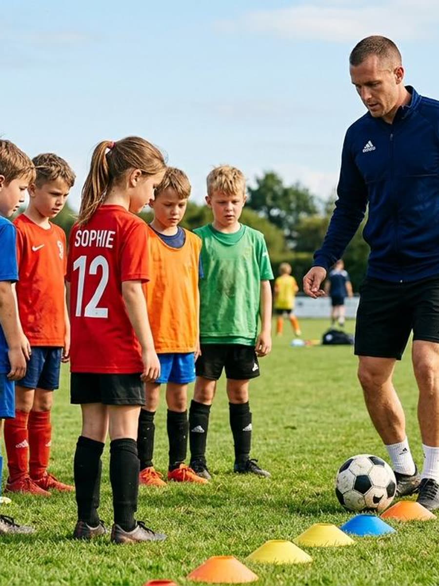 Entrenador con un grupo de niños en la cancha