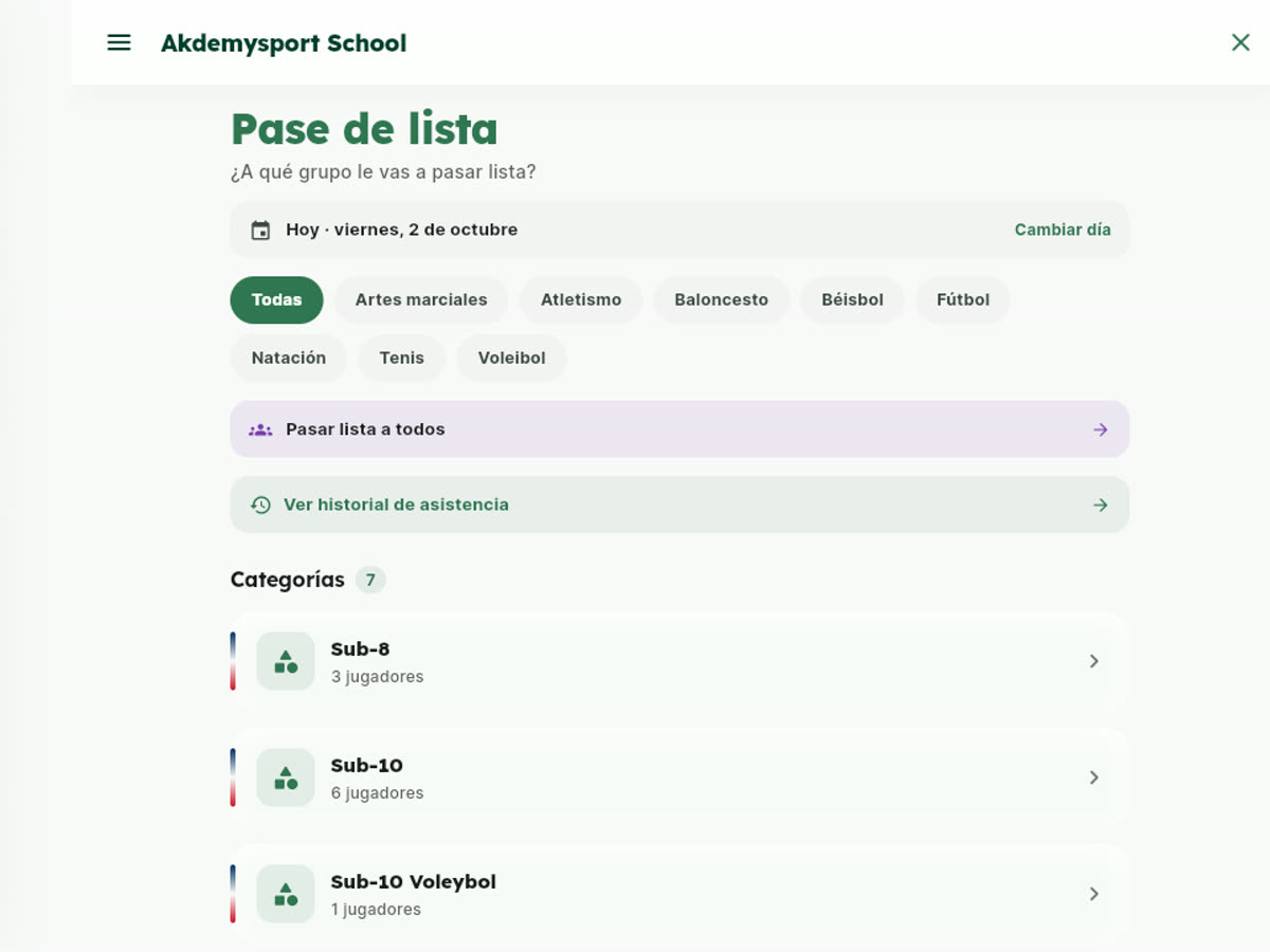 El pase de lista de la app, con las categorías del día