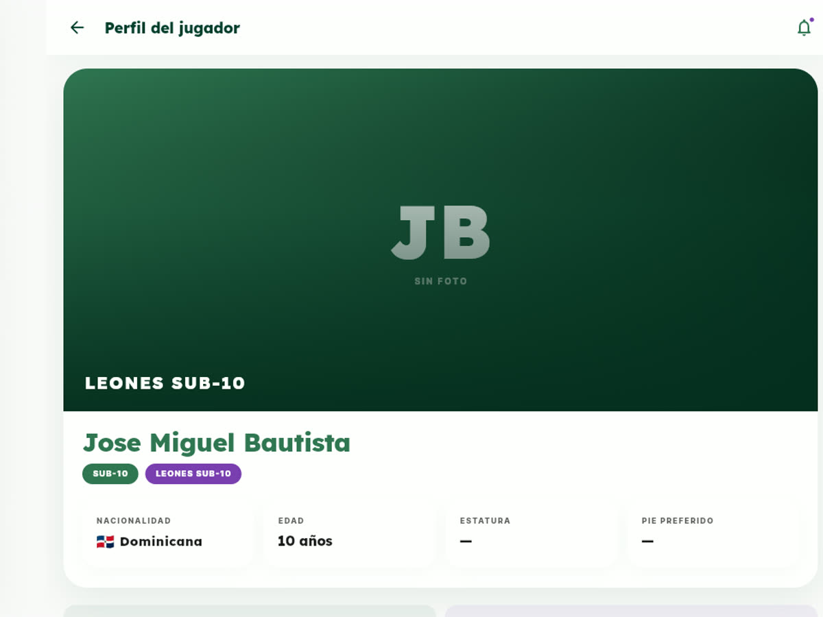 El perfil de un jugador con su categoría y su equipo